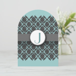 Bröllbjudan för Aqua Blue Grått Bevel Damask-bröll Inbjudningar