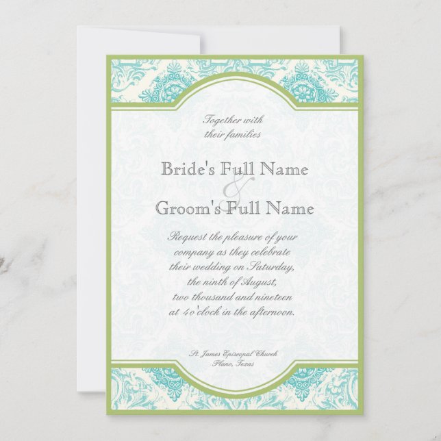Bröllbjudan för Aqua Blue Lime Toile Quatrefoil We Inbjudningar (Framsida)