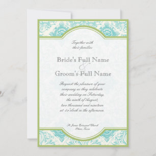 Bröllbjudan för Aqua Blue Lime Toile Quatrefoil We Inbjudningar