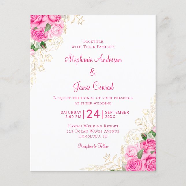 Bröllbjudan för Blommigt av Rosa vattenfärg i budg (Framsida)