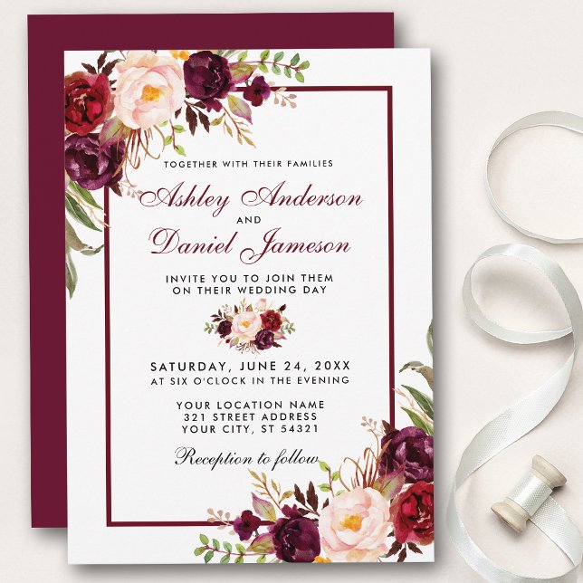Bröllbjudan för Blommigt med vattenfärg Burgundy- Inbjudningar (Customize to change text color, style, add text & photos to back or change color of back of card.)