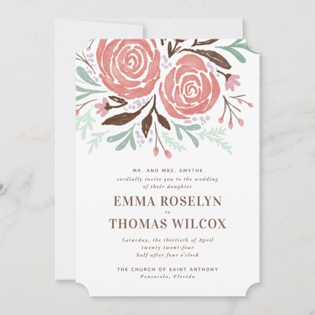 Bröllbjudan för blommigt på Ro- på korallvatten Inbjudningar (Framsida)