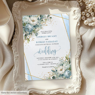 Bröllbjudan för Bohemian Dusty Blue Guld Peonies W Inbjudningar