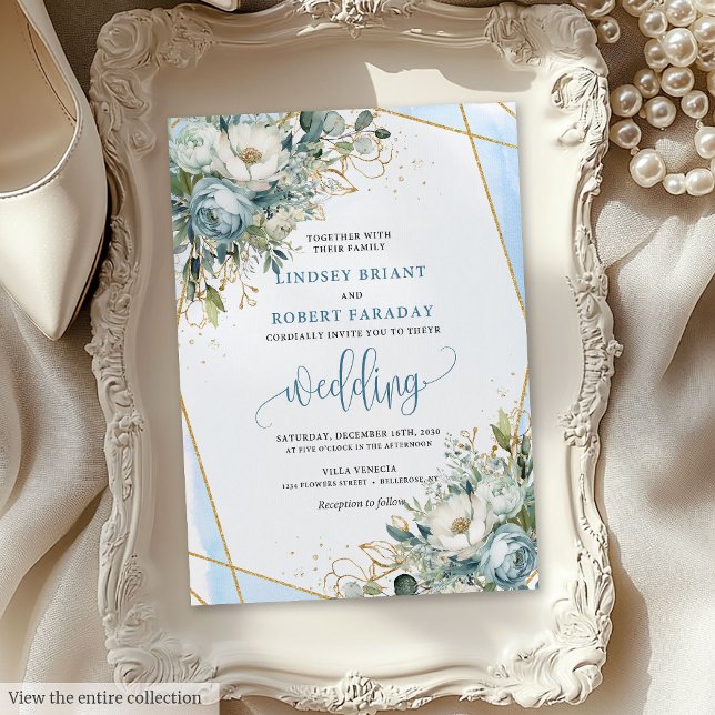 Bröllbjudan för Bohemian Dusty Blue Guld Peonies W Inbjudningar (Bohemian Dusty Blue Gold Peonies Wedding Invite)