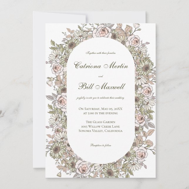 Bröllbjudan för botaniska Blommigtar till Rustic V Inbjudningar (Framsida)