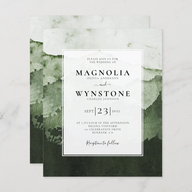 Bröllbjudan för budgeterade vattenfärgsberg (Fram/baksida)