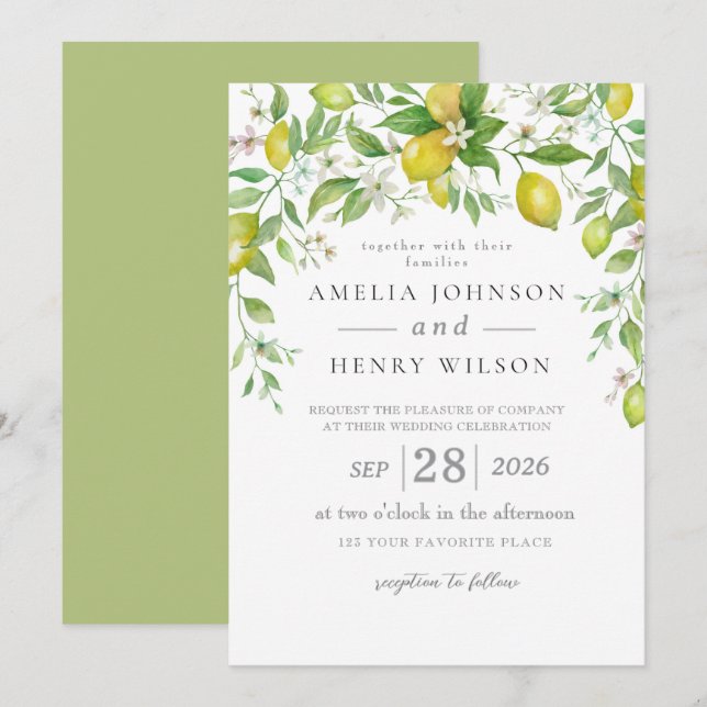 Bröllbjudan för citrusfrukter med vattenfärg Lemon Inbjudningar (Fram/baksida)