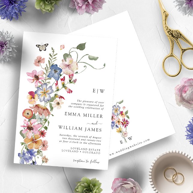 Bröllbjudan för färglös Blommigt med vattenfärg Inbjudningar (Watercolor Colorful Wildflower Wedding Invitation by Painted Paperie)