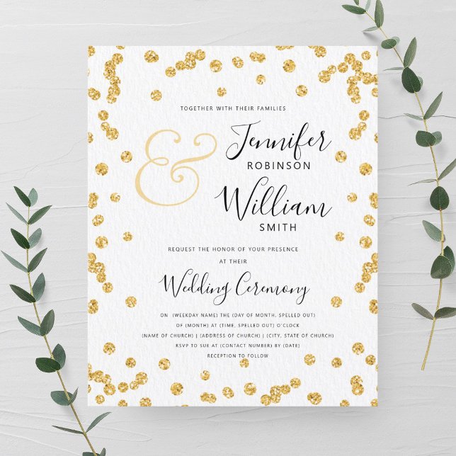 Bröllbjudan för konfetti Guld i Glitter (Budget Gold Glitter Confetti Wedding Invite )