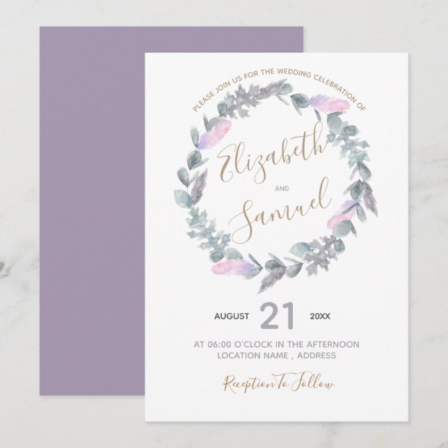 Bröllbjudan för lila av vattenfärg inbjudningar (Fram/baksida)