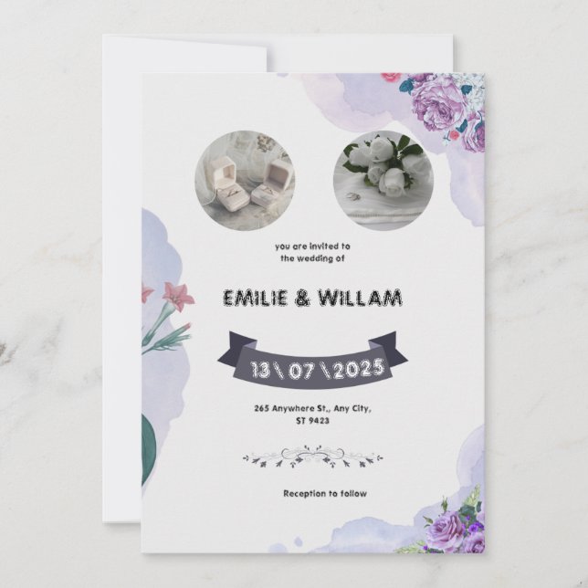 Bröllbjudan för lila och vitvattenfärg inbjudningar (Framsida)