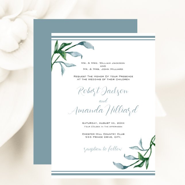 Bröllbjudan för Löv av vattenfärgsblått Grönt Inbjudningar (Watercolor Blue Green Leaves Wedding Invitation)