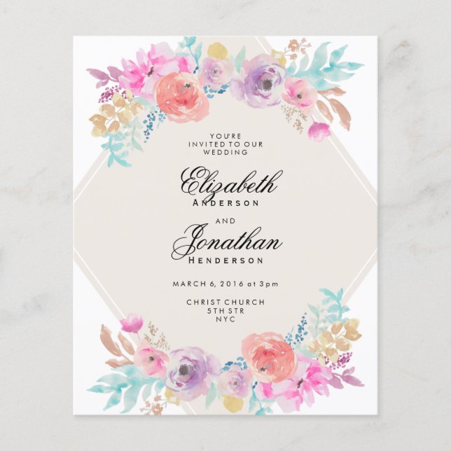 Bröllbjudan för pastel Watercolor Flowers Flygblad (Framsidan)