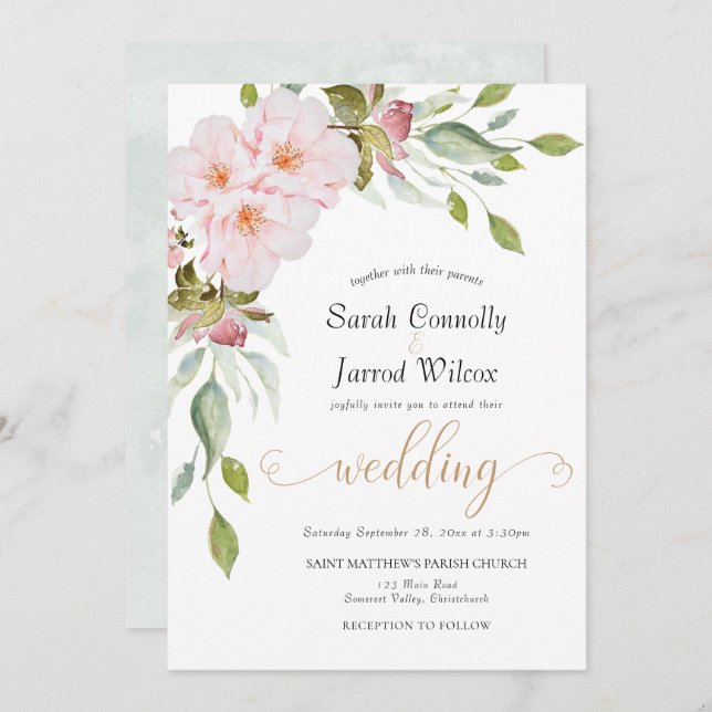 Bröllbjudan för Rosa av vattenfärgsfärgad Blommigt Inbjudningar (Fram/baksida)