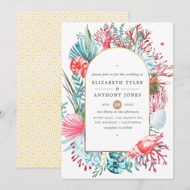 Bröllbjudan för skaldjursfiske och korallsjösbröll inbjudningar (Fram/baksida)