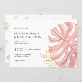 Bröllbjudan för tropiska löv pastel guld inbjudningar