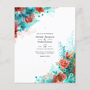 Bröllbjudan för turkos- och koral Rustic Blommigt- Flygblad
