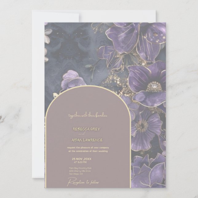 Bröllbjudan för vanlig Lila och Guld Blommigt (Framsida)