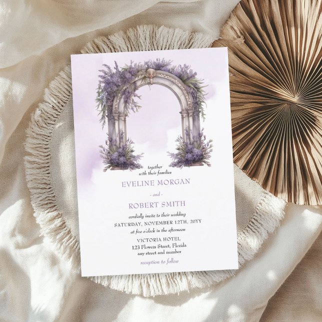 Bröllbjudan för vattenfärgslavender-bågsloggen inbjudningar (Watercolor lavender arch wedding invitation)
