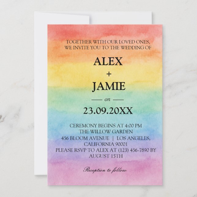 Bröllbjudan för Watercolor Rainbow LGBT Gay Weddin Inbjudningar (Framsida)