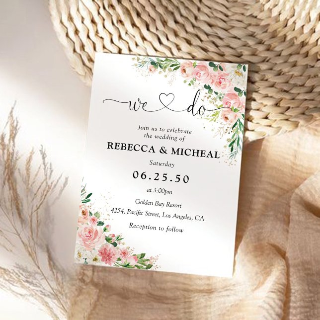 Bröllbjudan om vattenfärg  Rosa ros Guld Inbjudningar (Skapare uppladdad)