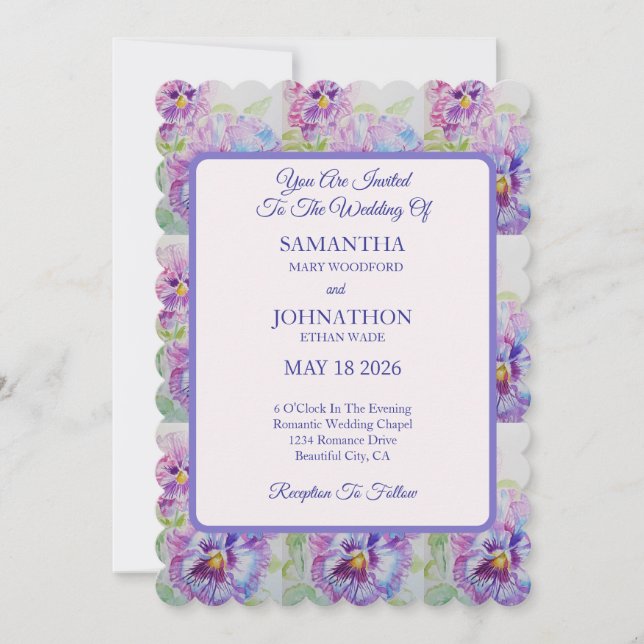Bröllbjudan Pansy Watercolor Flower Blommigt Weddi Inbjudningar (Framsida)