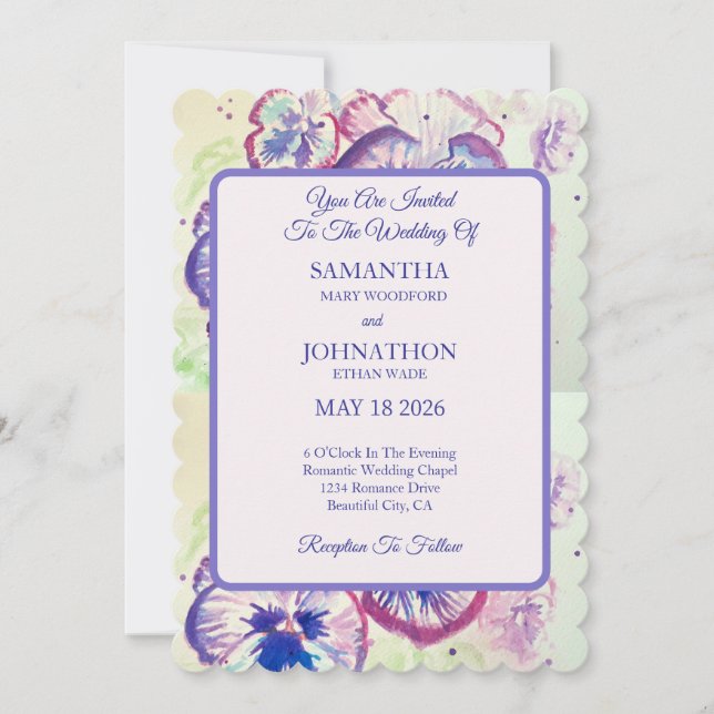 Bröllbjudan Pansy Watercolor Flower Blommigt Weddi Inbjudningar (Framsida)