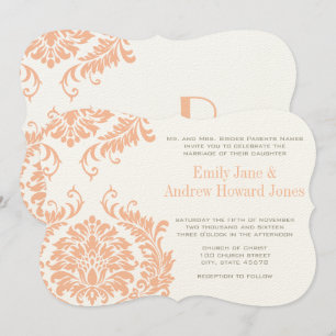 Bröllbjudan Peach Coral och Mushroom Damask. Inbjudningar