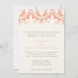 Bröllbjudan Peach Coral och Mushroom Damask. Inbjudningar