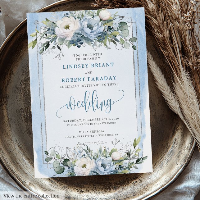 Bröllbjudan Rustic Boho Dusty Blue Silver Ro Inbjudningar (Rustic Boho Dusty Blue Silver Roses Wedding Invitation)