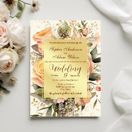 Bröllbjudan Rustic Peach och Guld Flowers Inbjudningar