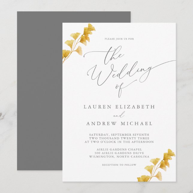 Bröllbjudan Siver Grått Guld Watercolor Wedding Inbjudningar (Fram/baksida)