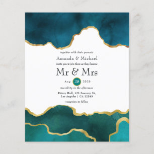 Bröllbjudan Teal och Guld Geode Agate Stone Weddin Flygblad