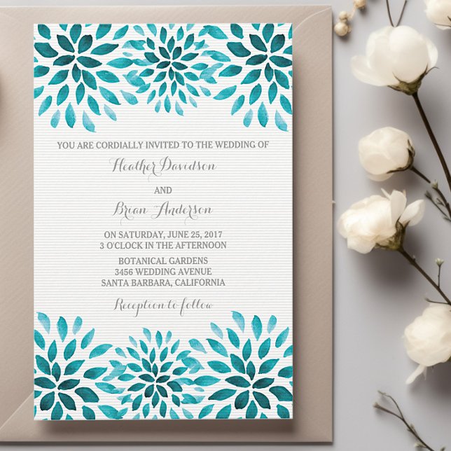 Bröllbjudan Teal Watercolor Chrysanthemums Wedding Inbjudningar (Teal Watercolor Chrysanthemum Wedding Invitation)