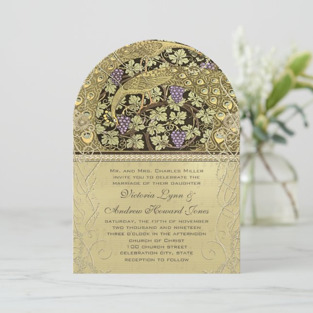 Bröllbjudan till Arch Art nouveau Peacock Birds We Inbjudningar (Stående Fram)