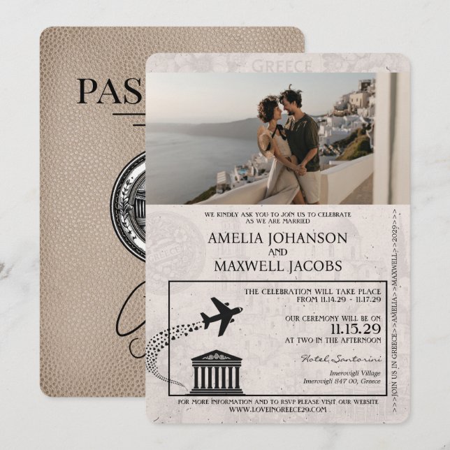 Bröllbjudan till Beige Greece-pass Inbjudningar (Fram/baksida)