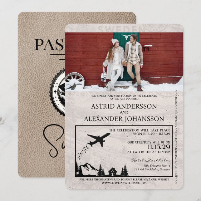 Bröllbjudan till Beige Sverige Passport Wedding Inbjudningar (Fram/baksida)