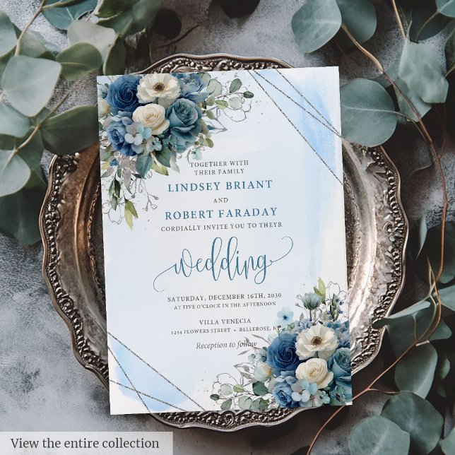 Bröllbjudan till Blåblått Silver Vit ros-bröllop Inbjudningar (Lovely Navy Blue Silver White Roses Wedding Invite)