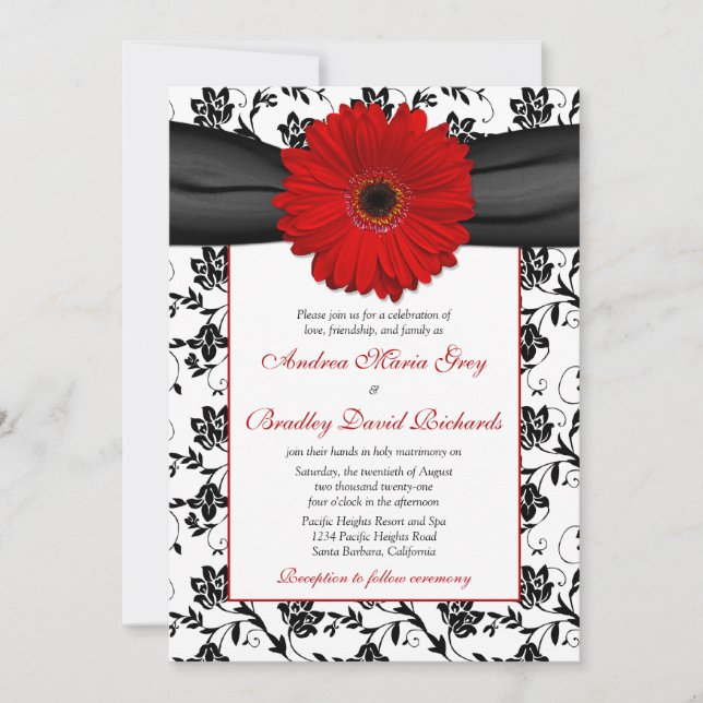 Bröllbjudan till Black White Damask Red Daisy Wedd Inbjudningar (Framsida)