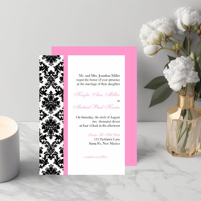 Bröllbjudan till Black White Rosa Damask-bröllopet Inbjudningar (Skapare uppladdad)