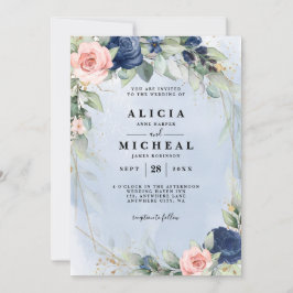 Bröllbjudan till blommigt för marin och  rosa inbjudningar