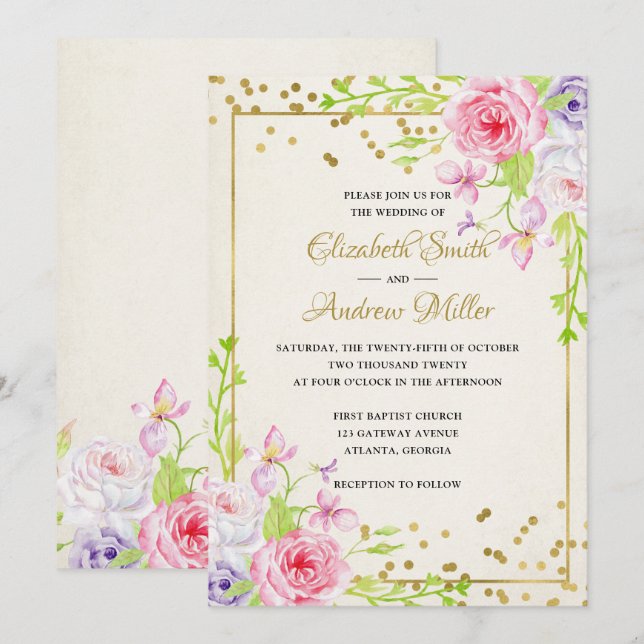 Bröllbjudan till Blommigt i  Guld Modern Ram Inbjudningar (Fram/baksida)