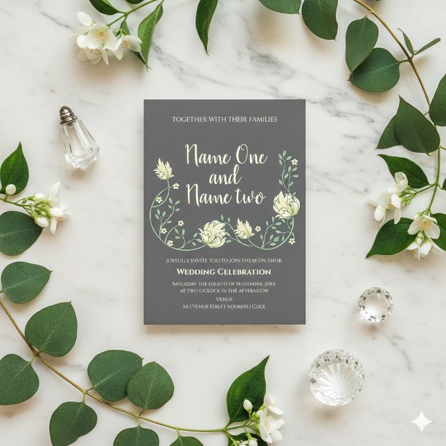 Bröllbjudan till blommigten Art nouveau stil mörk Inbjudningar (Dark art nouveau and cream flowers wedding invitation.)