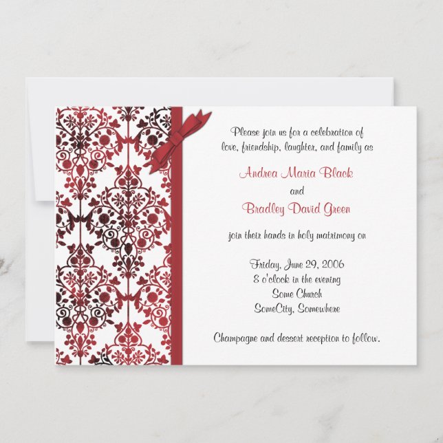 Bröllbjudan till Blommigten Black White Red Damask Inbjudningar (Framsida)