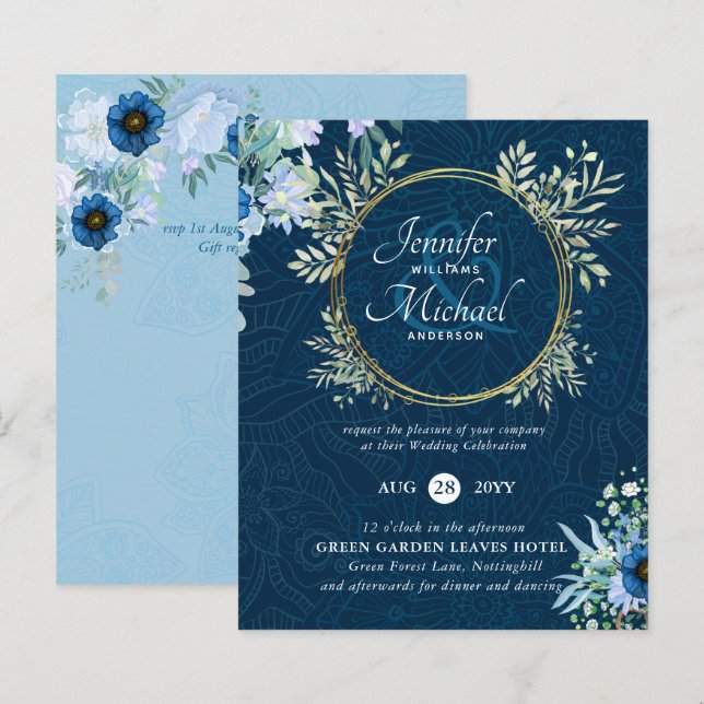 Bröllbjudan till Blommigten BUDGET Dusty Blue Guld (Fram/baksida)