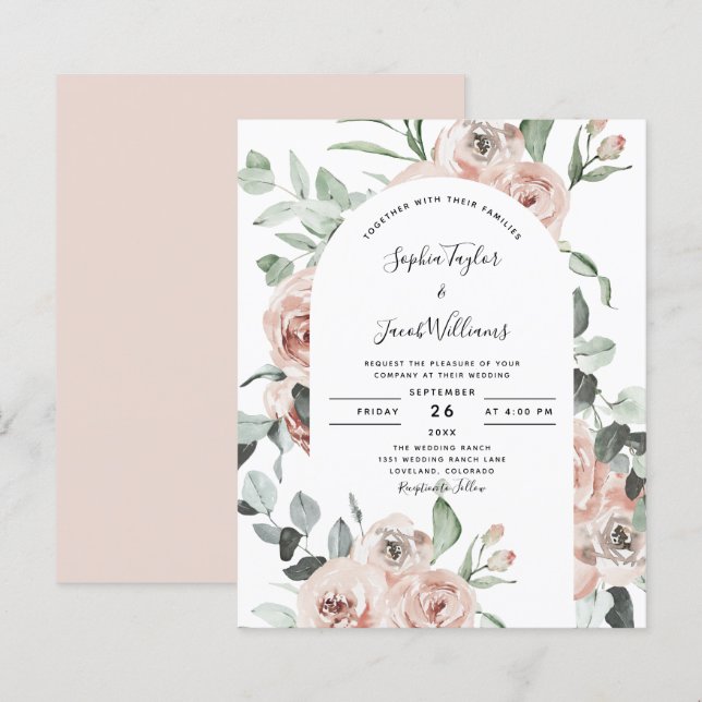 Bröllbjudan till Blommigten Budget Dusty Rosa ros (Fram/baksida)