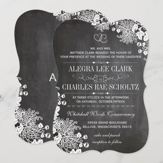 Bröllbjudan till Blommigten Chalkboard Typography  Inbjudningar (Fram/baksida)