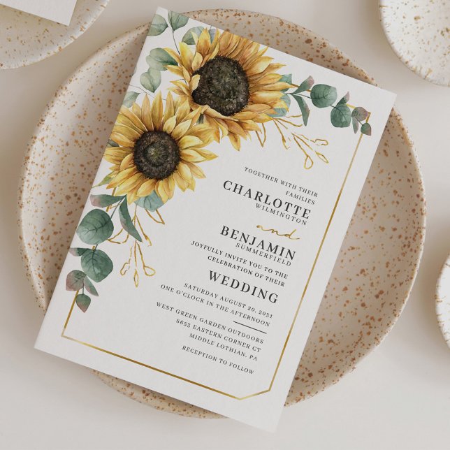 Bröllbjudan till Blommigten för solrossokalyptus (Sunflower Eucalyptus Typography Botanical Wedding Invitation)