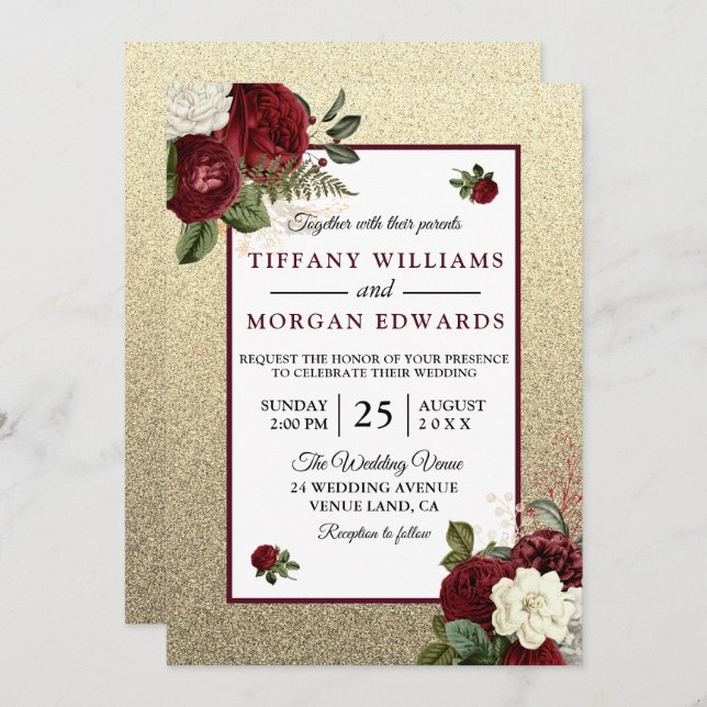 Bröllbjudan till Blommigten Golden Romantic Burgun Inbjudningar (Fram/baksida)