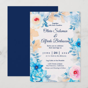 Bröllbjudan till blommigten Havsblått vattenfärg B Inbjudningar